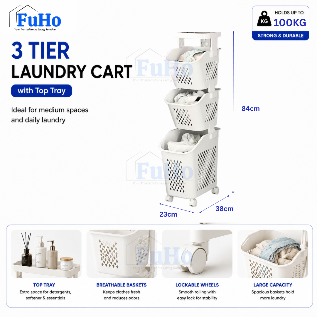 FuHo SortPro Laundry Cart | Collapsible Storage Trolley | Clothes Rack | Clothes Trolley | Laundry Basket (TL0055)