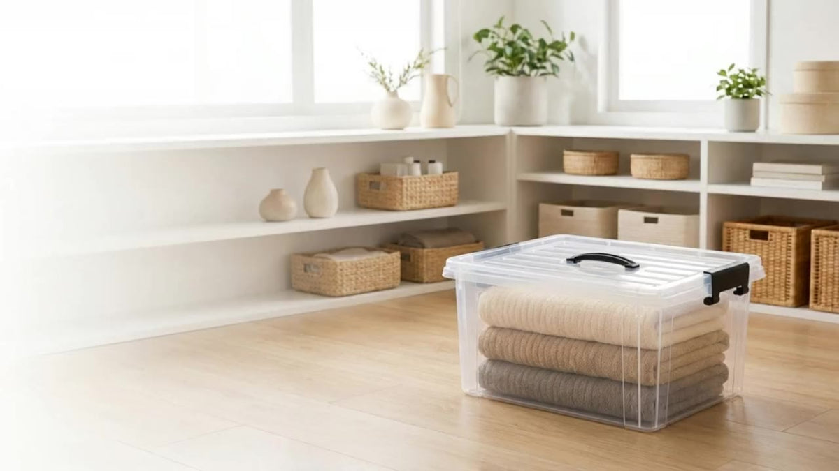 A clear Fuho storage box of folded towels in a bright, tidy living room