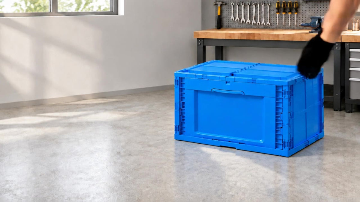 Gloved hands pack tools into a blue Fuho heavy duty crate and close its two lid flaps