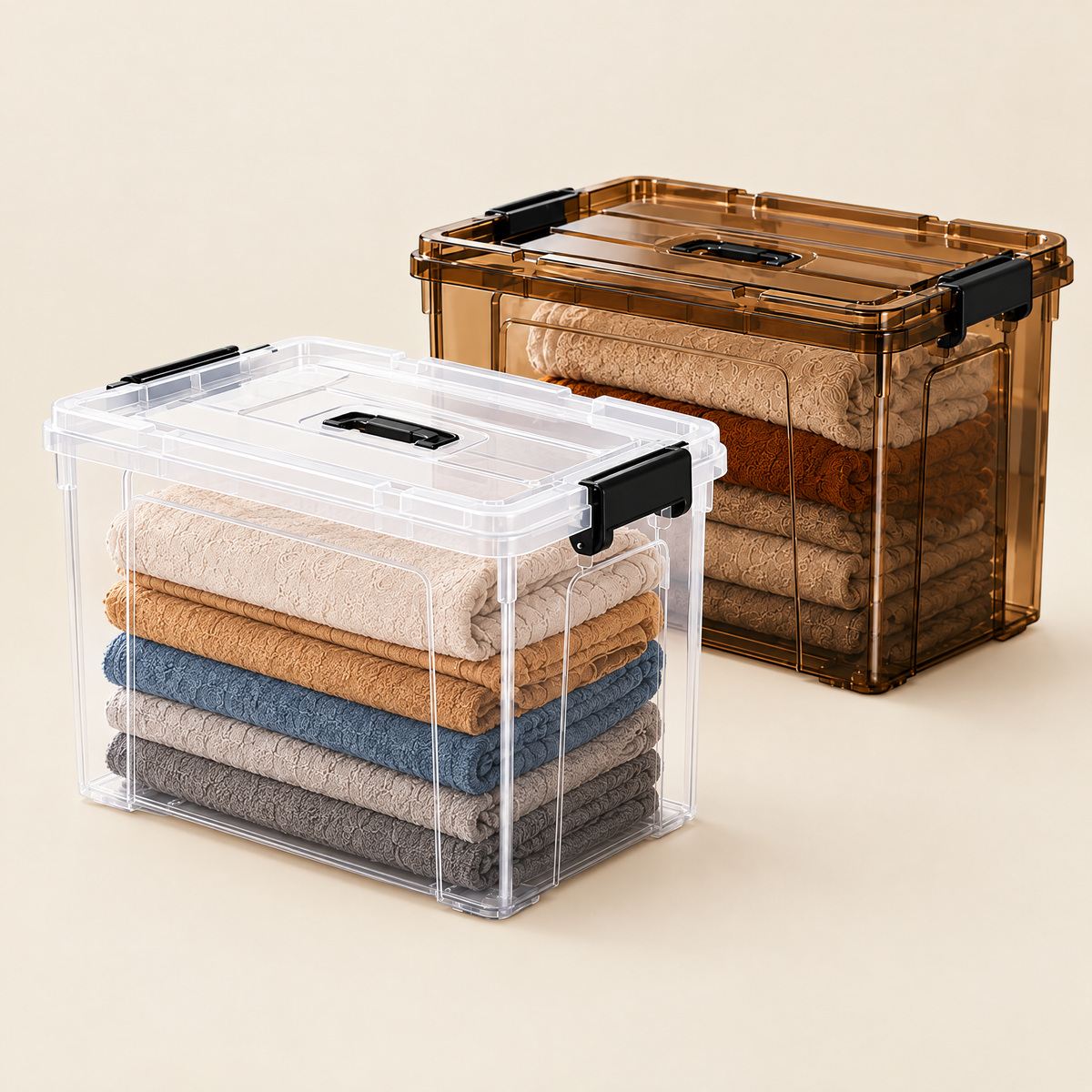 Fuho ClearNest stackable storage boxes in clear and tawny with folded towels inside