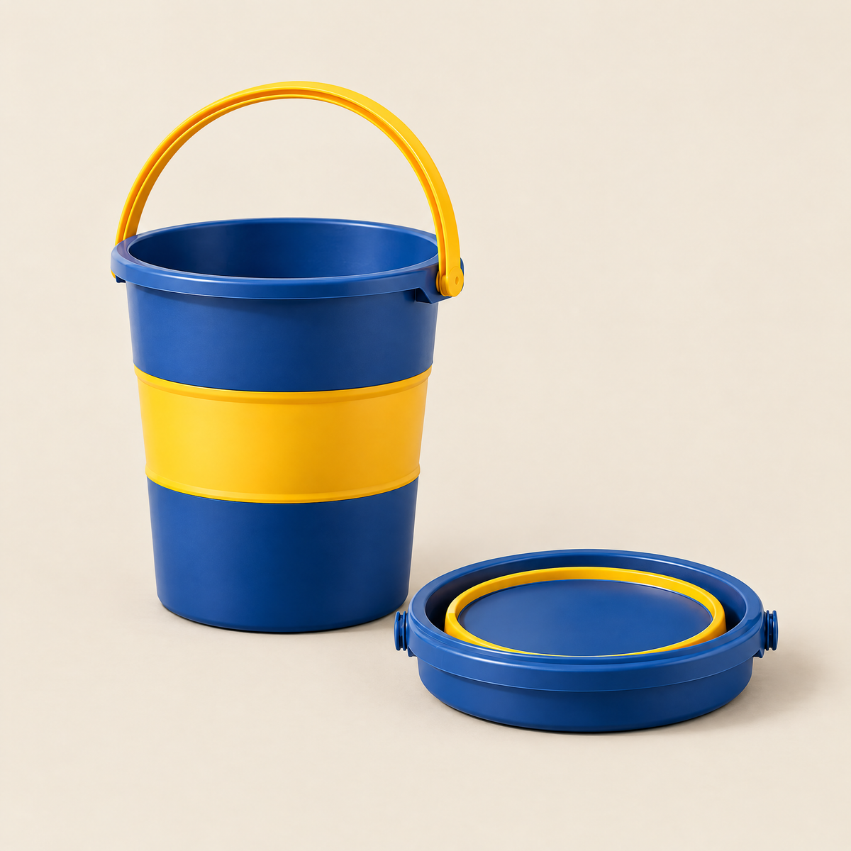 Fuho collapsible bucket in blue, open and folded flat