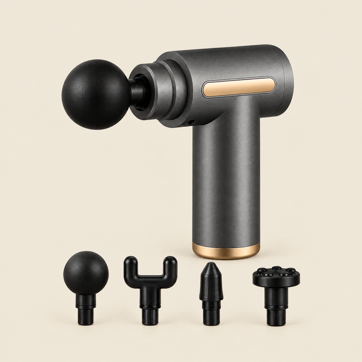 Fuho Pulse One massage gun in grey with its 4 massage heads
