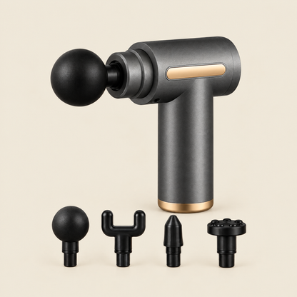 Fuho Pulse One massage gun in grey with its 4 massage heads