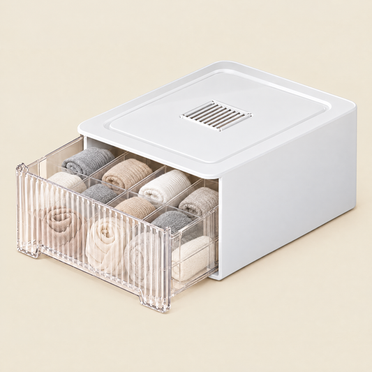 Fuho transparent under-shelf hanging drawer holding rolled socks and scarves