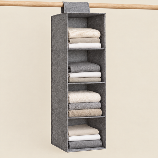 Fuho hanging wardrobe organiser on a rail with folded clothes and towels