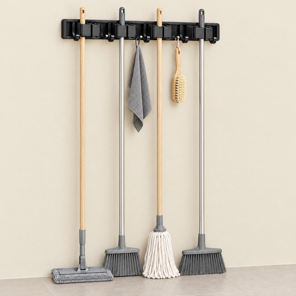 Fuho MopDock wall-mounted holder with a flat mop, two brooms and a string mop