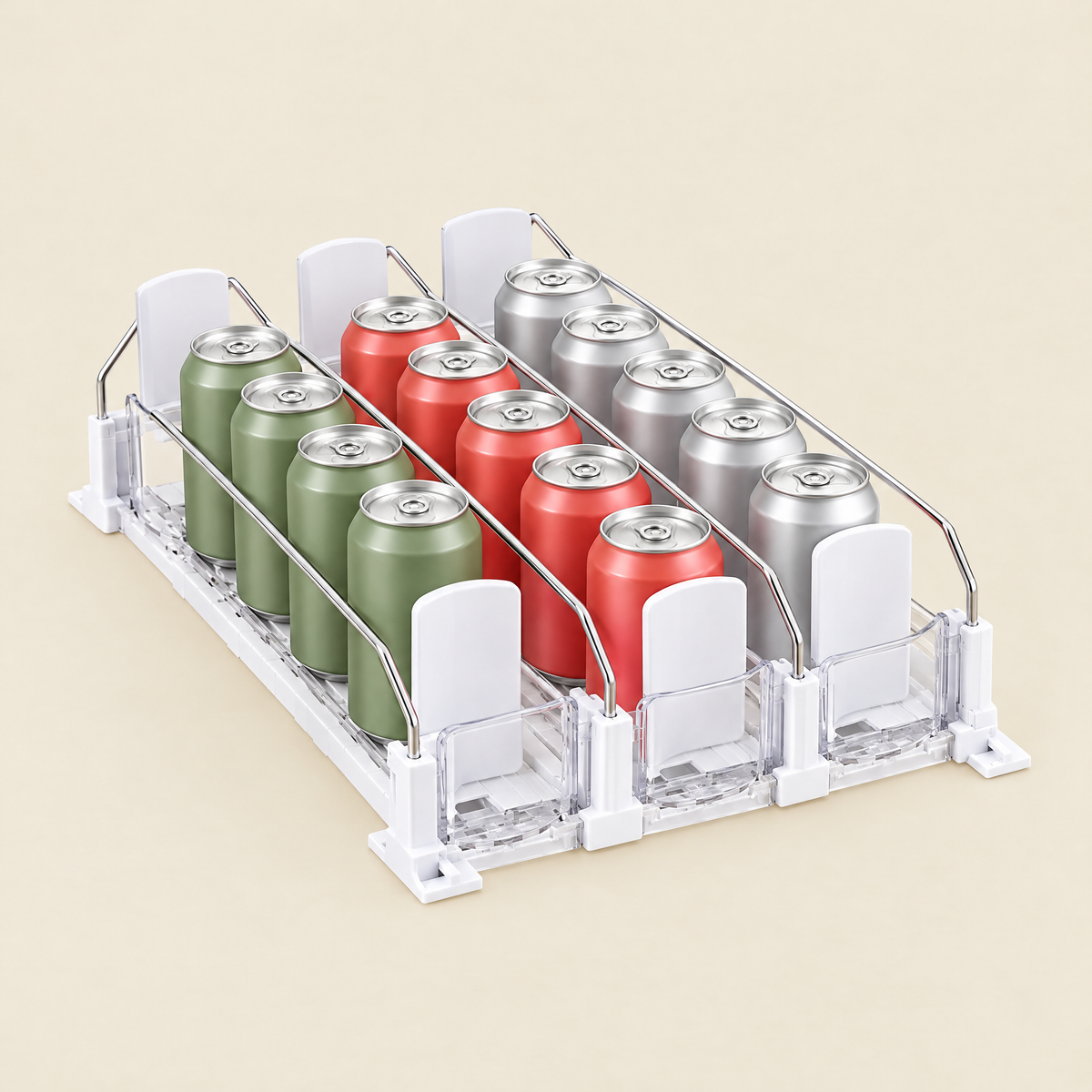 Fuho auto-push drinks can dispenser with cans standing upright in rows
