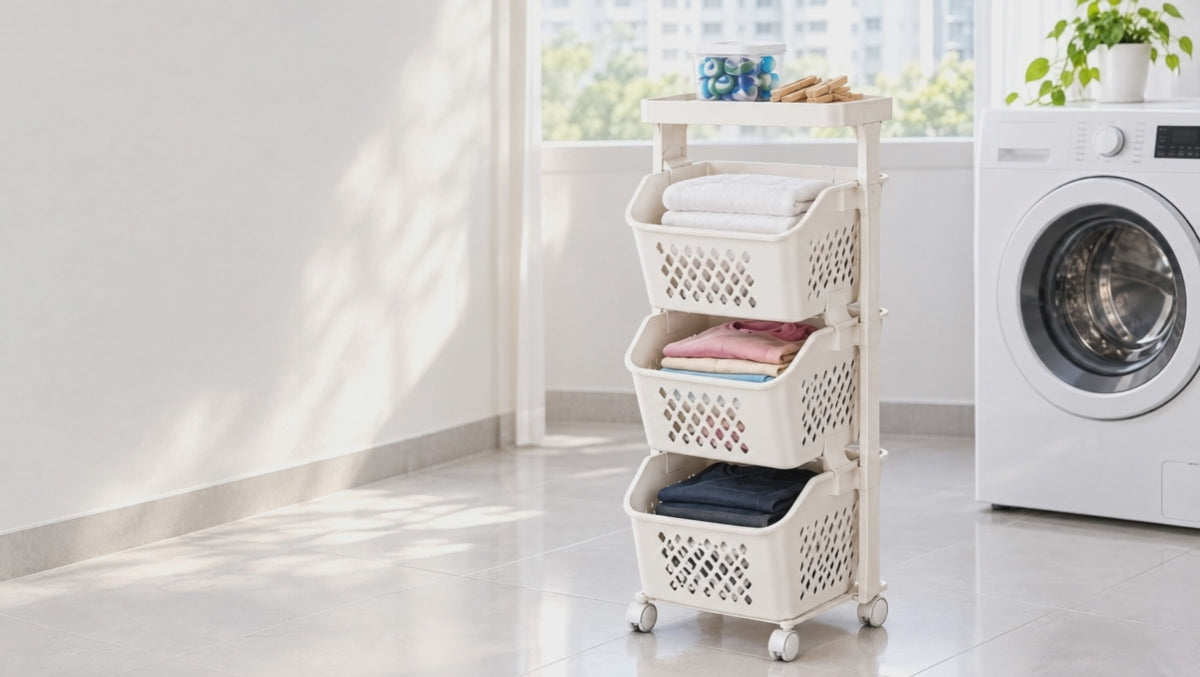A hand drops a dark t-shirt into a white Fuho SortPro laundry cart and rolls it towards the washing machine