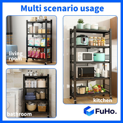 🇸🇬READY STOCK🇸🇬 FuHo Foldable Kitchen Storage Rack With Wheels | Kitchen Shelves | Kitchen Cabinet (KIT0062)