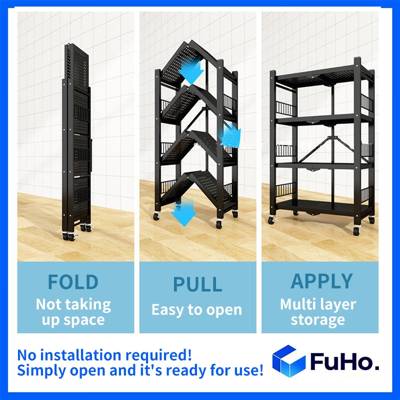 🇸🇬READY STOCK🇸🇬 FuHo Foldable Kitchen Storage Rack With Wheels | Kitchen Shelves | Kitchen Cabinet (KIT0062)