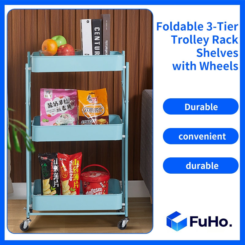 🇸🇬READY STOCK🇸🇬 FuHo Kitchen Foldable Storage Trolley Rack | 3 Level Storage Trolley | Kitchen Racks (HL0225)