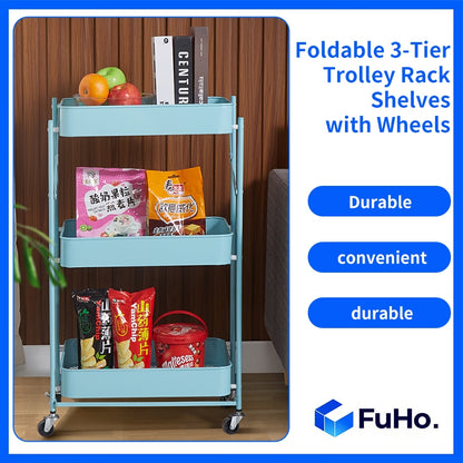 🇸🇬READY STOCK🇸🇬 FuHo Kitchen Foldable Storage Trolley Rack | 3 Level Storage Trolley | Kitchen Racks (HL0225)