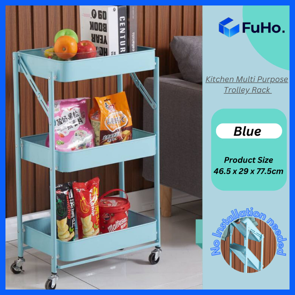 🇸🇬READY STOCK🇸🇬 FuHo Kitchen Foldable Storage Trolley Rack | 3 Level Storage Trolley | Kitchen Racks (HL0225)