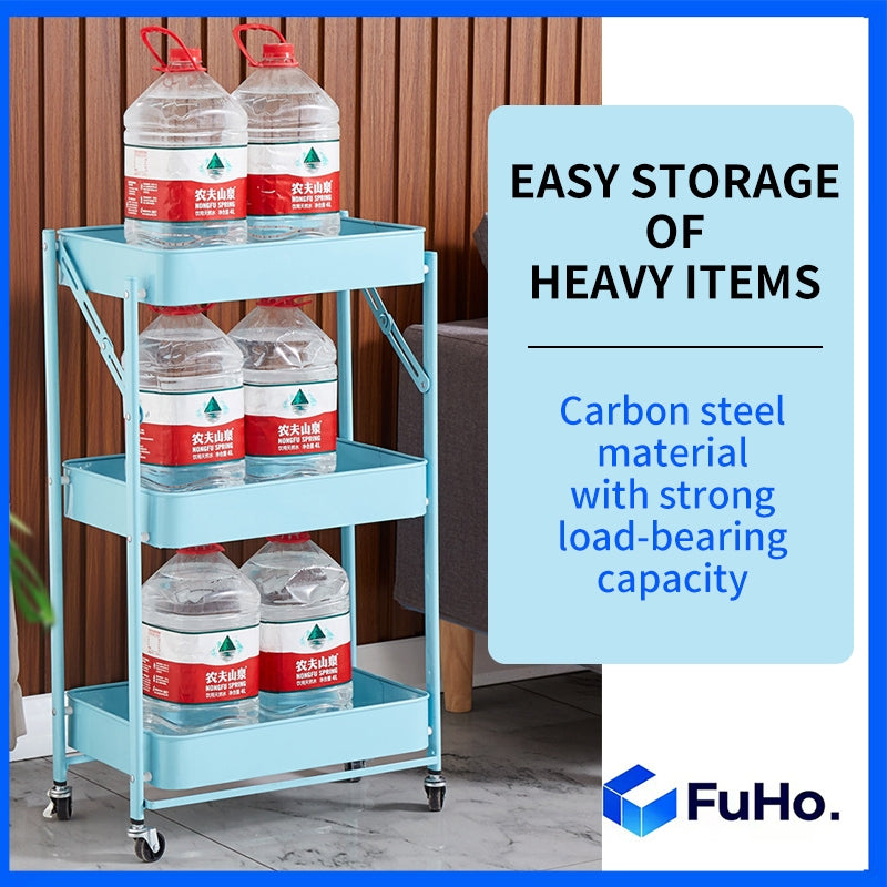🇸🇬READY STOCK🇸🇬 FuHo Kitchen Foldable Storage Trolley Rack | 3 Level Storage Trolley | Kitchen Racks (HL0225)