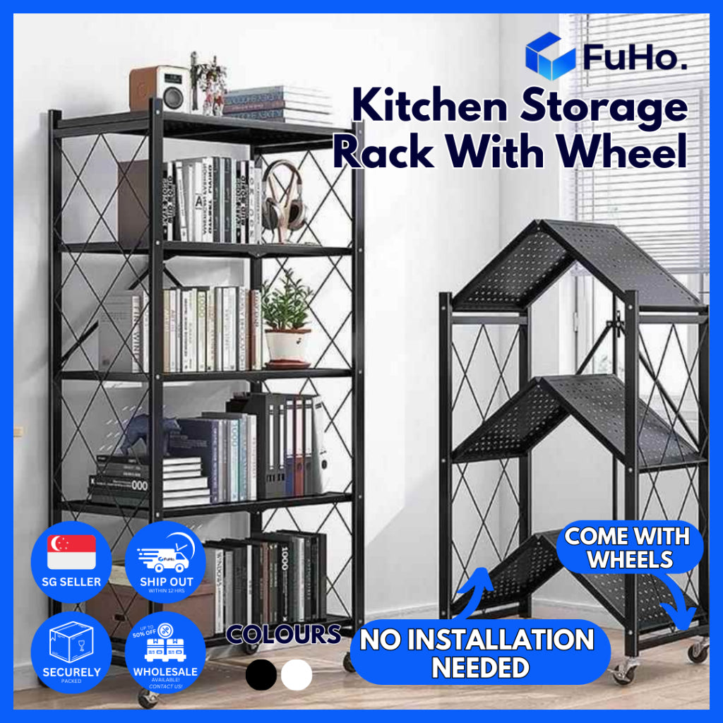 🇸🇬READY STOCK🇸🇬 FuHo Foldable Kitchen Storage Rack With Wheels | Kitchen Shelves | Kitchen Cabinet (KIT0062)