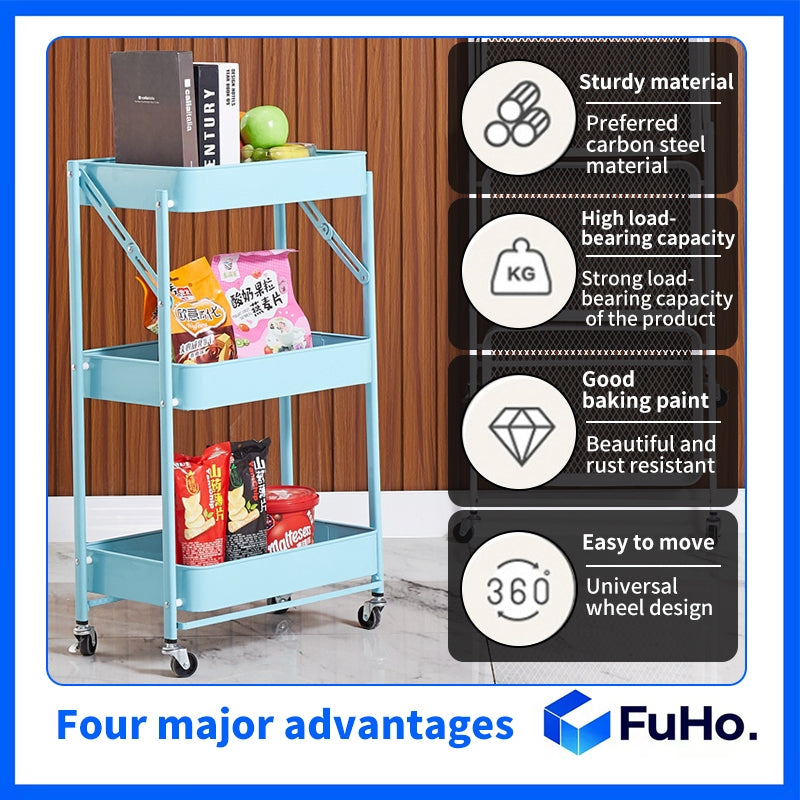 🇸🇬READY STOCK🇸🇬 FuHo Kitchen Foldable Storage Trolley Rack | 3 Level Storage Trolley | Kitchen Racks (HL0225)