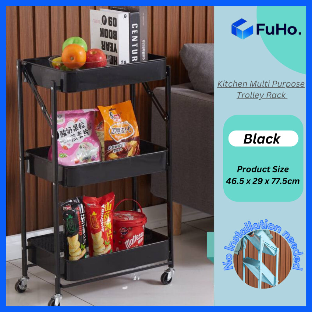 🇸🇬READY STOCK🇸🇬 FuHo Kitchen Foldable Storage Trolley Rack | 3 Level Storage Trolley | Kitchen Racks (HL0225)