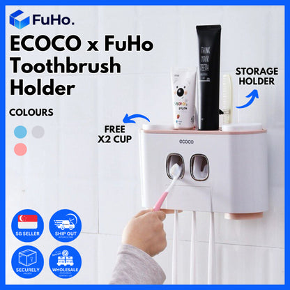 🇸🇬READY STOCK🇸🇬 FuHo  x Ecoco Toothbrush Holder & Toothpaste Dispenser Push Dispense Colgate Darlie Floss (TL0037)