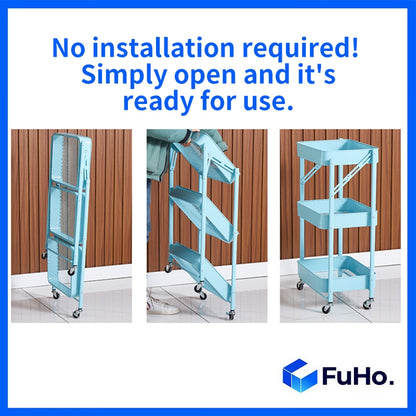 🇸🇬READY STOCK🇸🇬 FuHo Kitchen Foldable Storage Trolley Rack | 3 Level Storage Trolley | Kitchen Racks (HL0225)