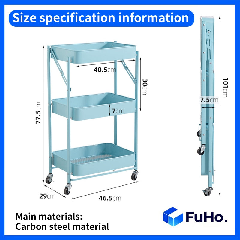🇸🇬READY STOCK🇸🇬 FuHo Kitchen Foldable Storage Trolley Rack | 3 Level Storage Trolley | Kitchen Racks (HL0225)