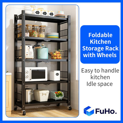 🇸🇬READY STOCK🇸🇬 FuHo Foldable Kitchen Storage Rack With Wheels | Kitchen Shelves | Kitchen Cabinet (KIT0062)