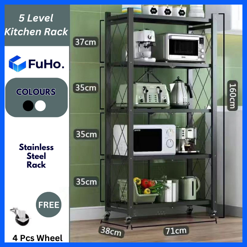 🇸🇬READY STOCK🇸🇬 FuHo Foldable Kitchen Storage Rack With Wheels | Kitchen Shelves | Kitchen Cabinet (KIT0062)