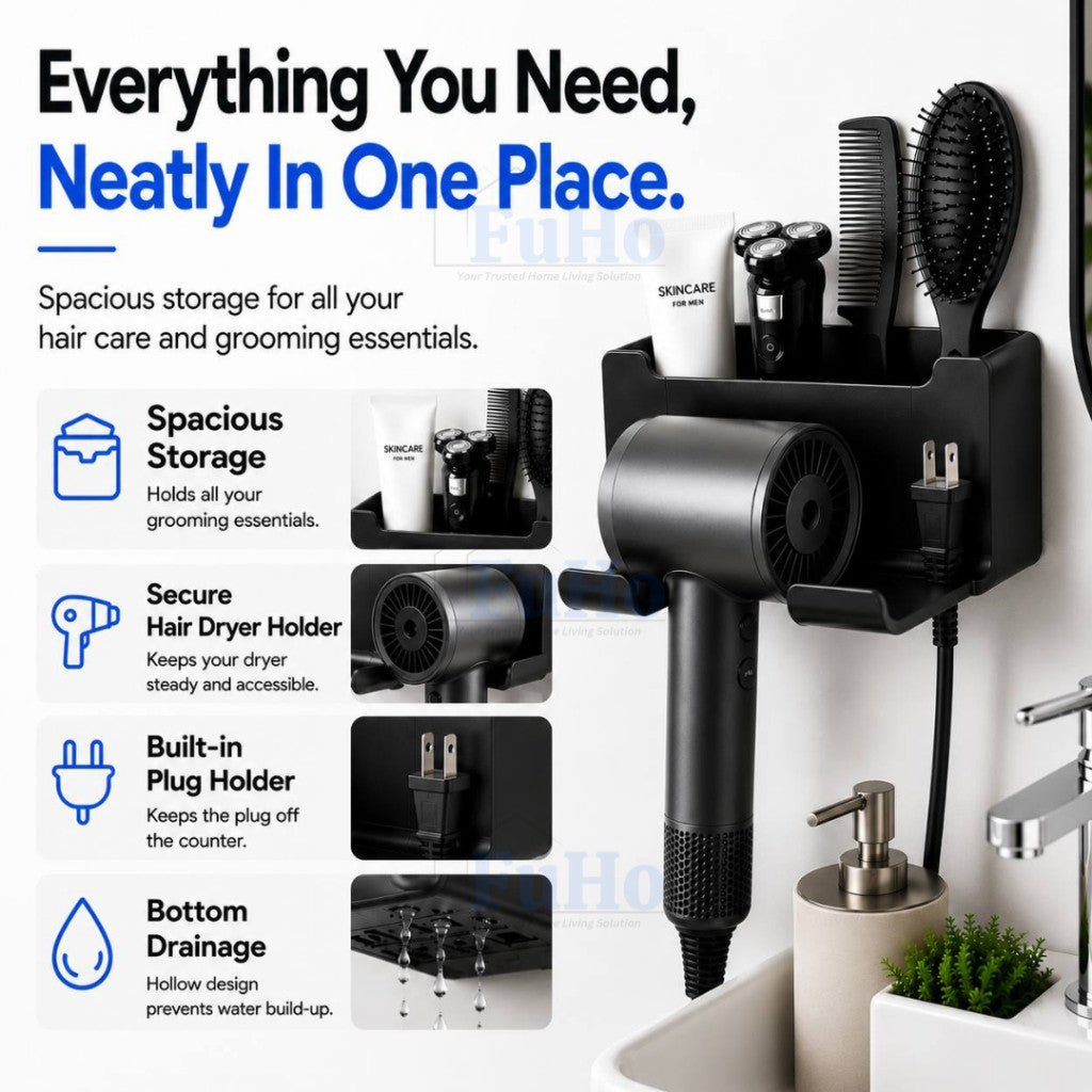 GroomDock Hair Dryer Holder | Hair Dryer | Hair Dryer Holder | Wall Mounted Hair Dryer | (HL0356)