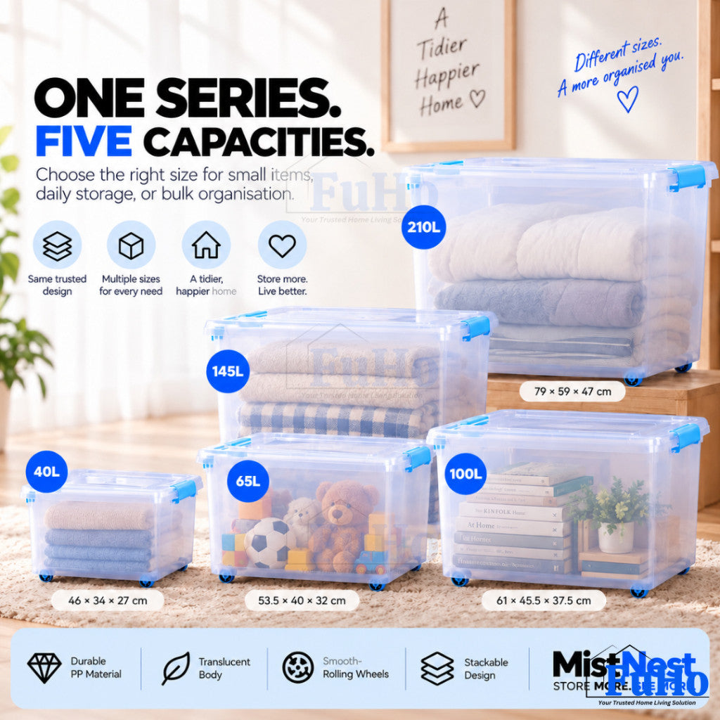 Fuho MistNest Large Plastic Storage Box with Lid & Wheels | Stackable Container | Toy Storage Organiser | HL0358