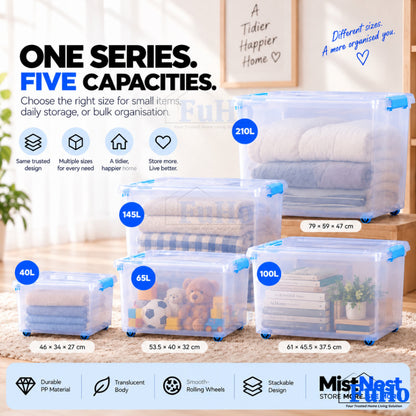 Fuho MistNest Large Plastic Storage Box with Lid & Wheels | Stackable Container | Toy Storage Organiser | HL0358