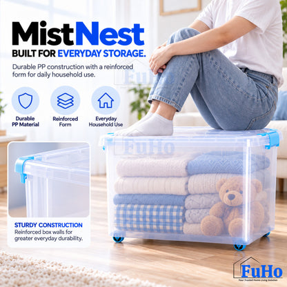 Fuho MistNest Large Plastic Storage Box with Lid & Wheels | Stackable Container | Toy Storage Organiser | HL0358