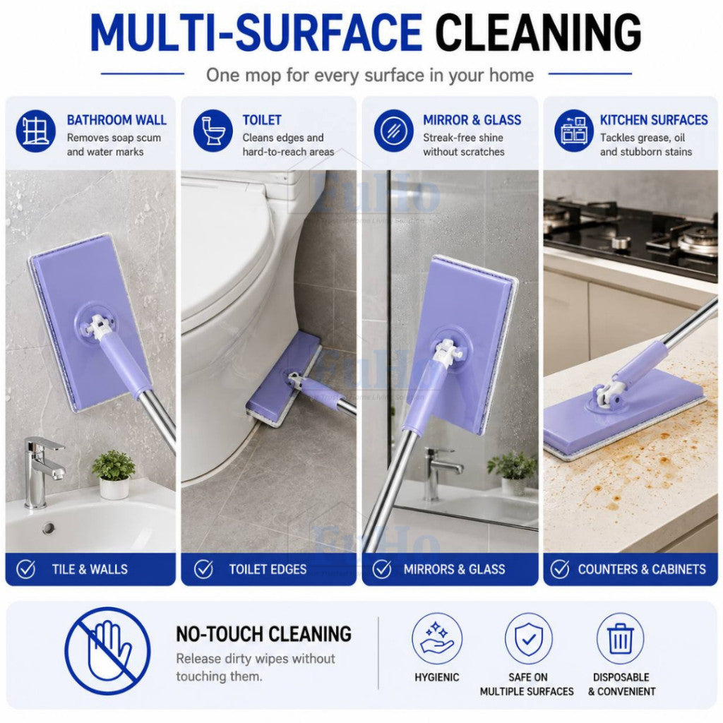 Fuho WipeClip Quick-Change Flat Mop, Slim 8cm Head (Wet & Dry)