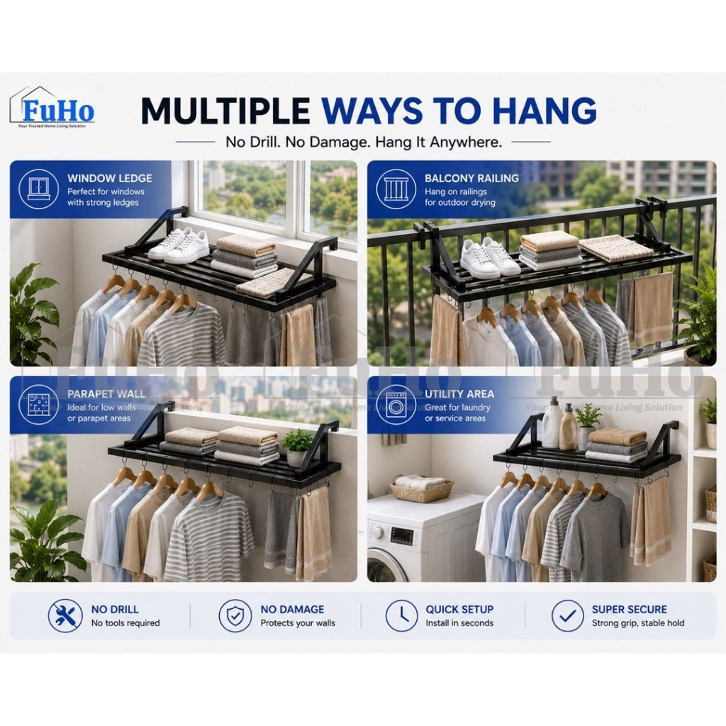 Fuho Premium Balcony Drying Rack | Clothes Rack | Clothes Hanger | Balcony Drying Rack | (HL0354)