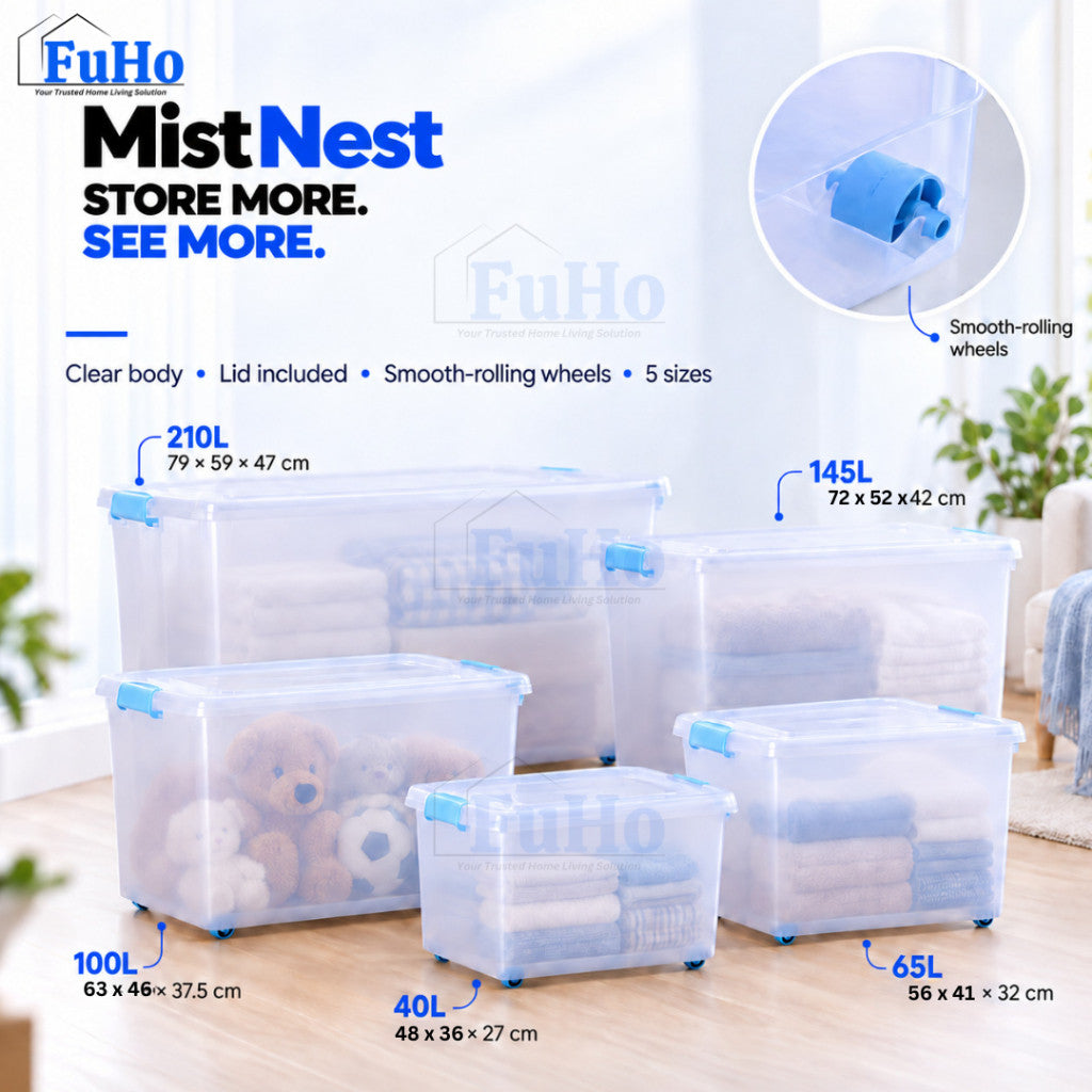 Fuho MistNest Large Plastic Storage Box with Lid & Wheels | Stackable Container | Toy Storage Organiser | HL0358