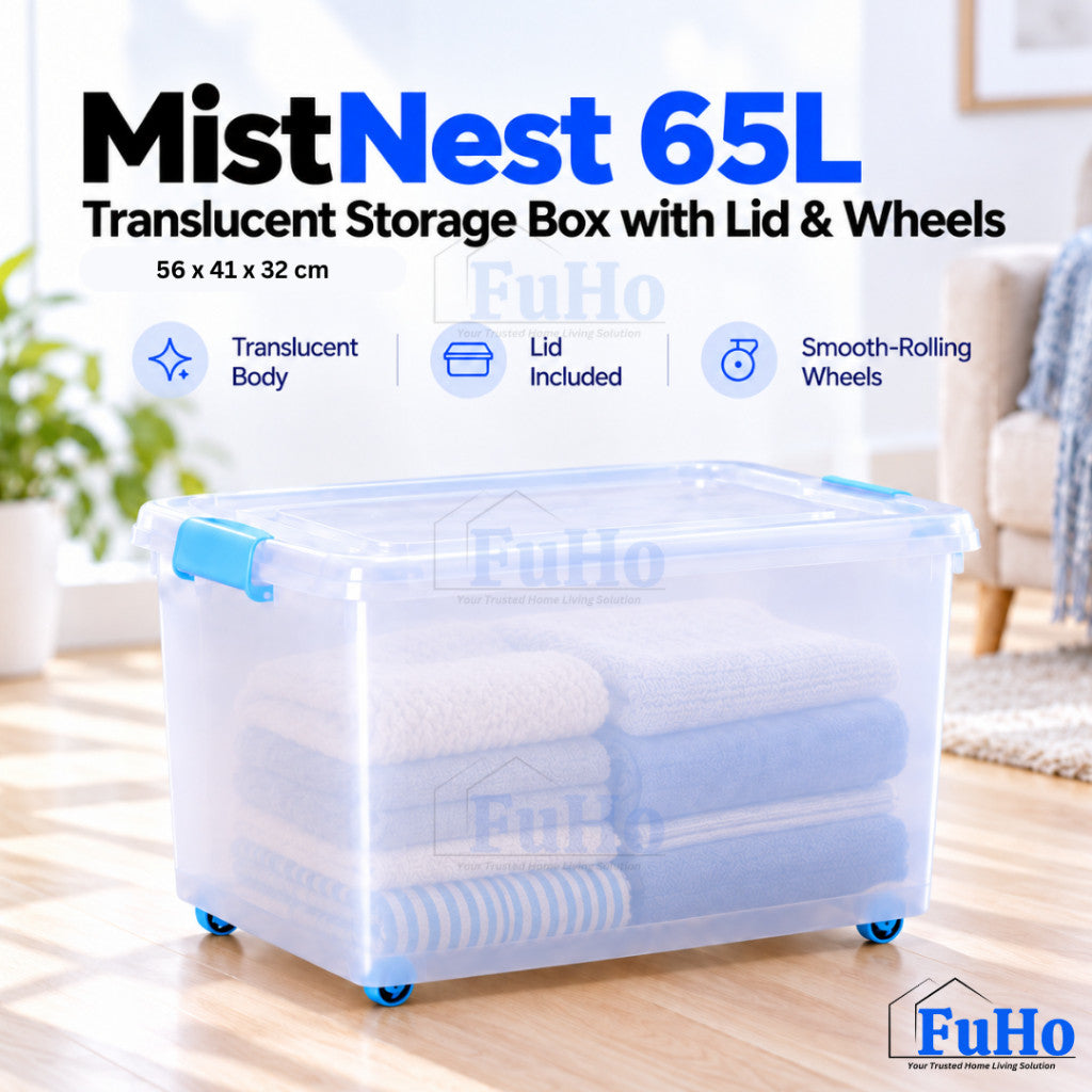 Fuho MistNest Large Plastic Storage Box with Lid & Wheels | Stackable Container | Toy Storage Organiser | HL0358