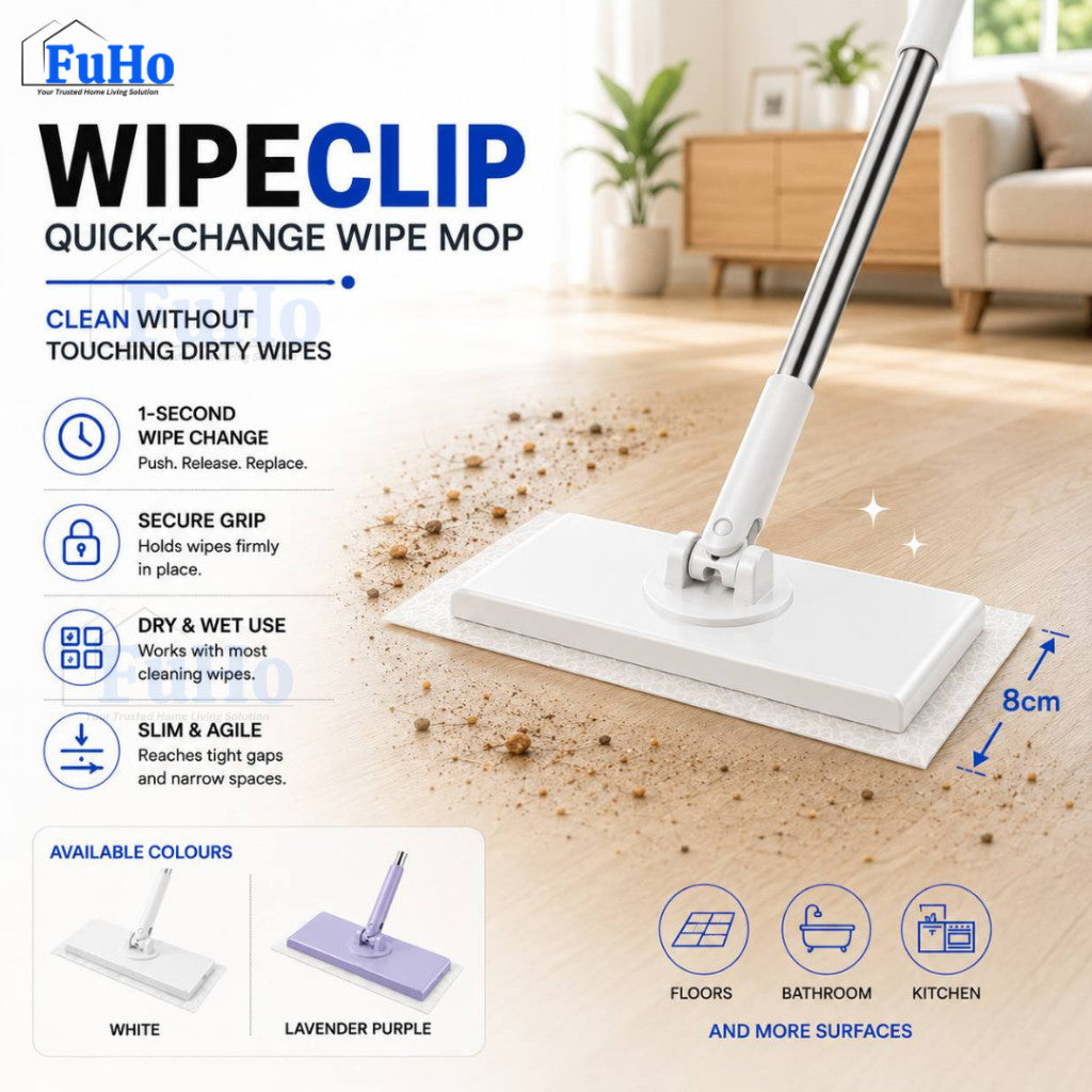 Fuho WipeClip Quick-Change Flat Mop, Slim 8cm Head (Wet & Dry)