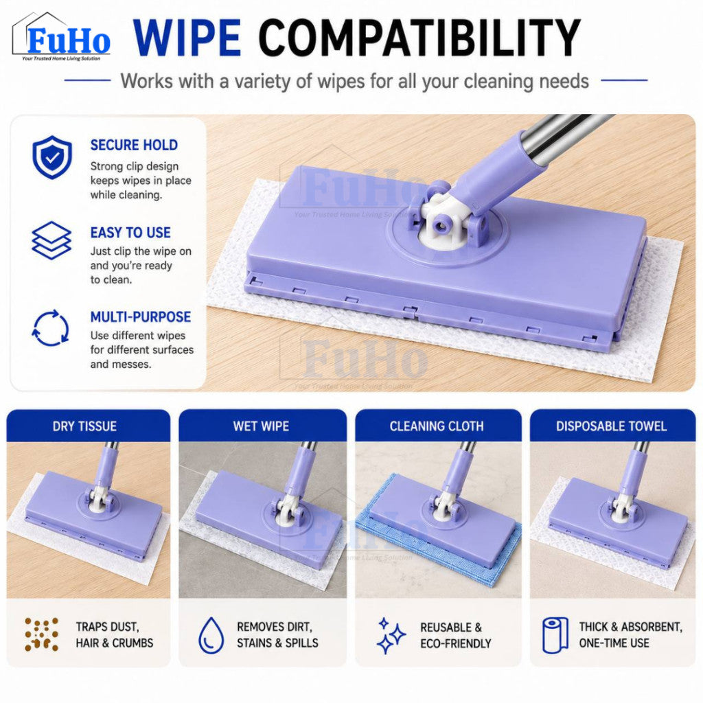 Fuho WipeClip Quick-Change Flat Mop, Slim 8cm Head (Wet & Dry)