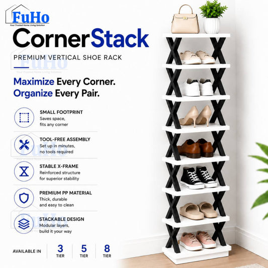 FuHo CornerStack Vertical Shoe Rack | 3/5/8 Tier Stackable Space Saving Shoe Organizer | Storage Rack | (HL0355)