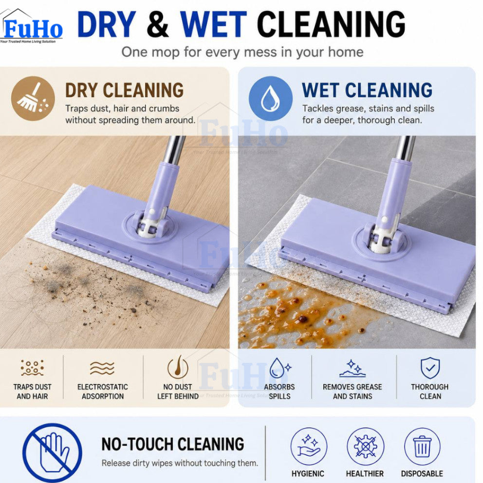 Fuho WipeClip Quick-Change Flat Mop, Slim 8cm Head (Wet & Dry)