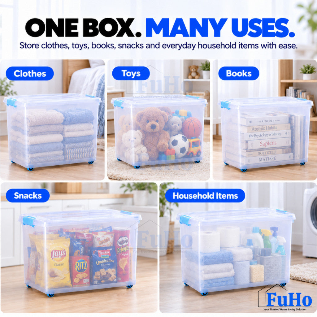Fuho MistNest Large Plastic Storage Box with Lid & Wheels | Stackable Container | Toy Storage Organiser | HL0358
