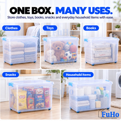 Fuho MistNest Large Plastic Storage Box with Lid & Wheels | Stackable Container | Toy Storage Organiser | HL0358