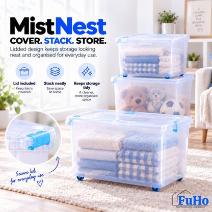 Fuho MistNest Large Plastic Storage Box with Lid & Wheels | Stackable Container | Toy Storage Organiser | HL0358
