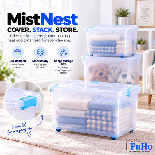 Fuho MistNest Large Plastic Storage Box with Lid & Wheels | Stackable Container | Toy Storage Organiser | HL0358