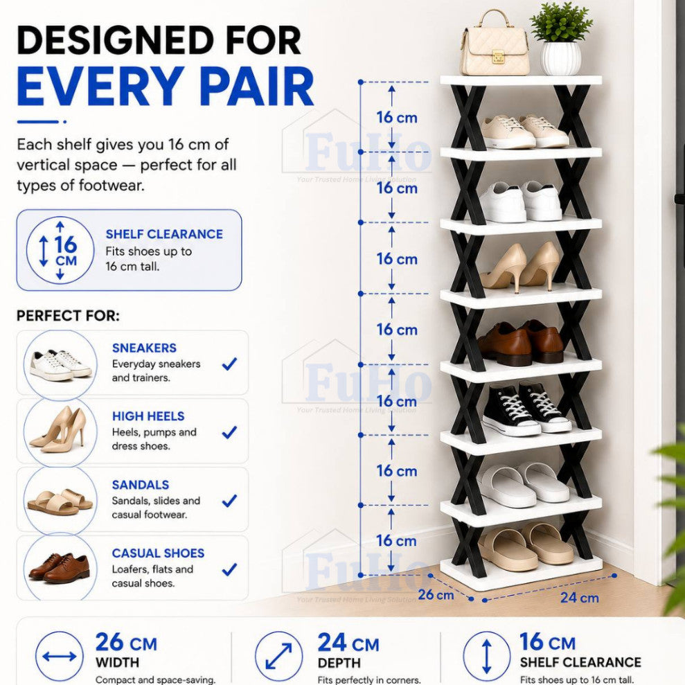 FuHo CornerStack Vertical Shoe Rack | 3/5/8 Tier Stackable Space Saving Shoe Organizer | Storage Rack | (HL0355)