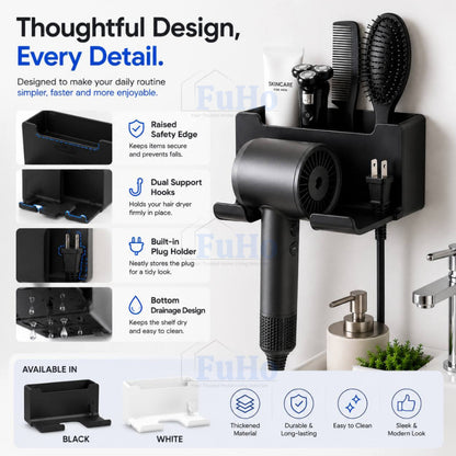 Fuho GroomDock Wall-Mounted Hair Dryer Holder & Bathroom Organiser