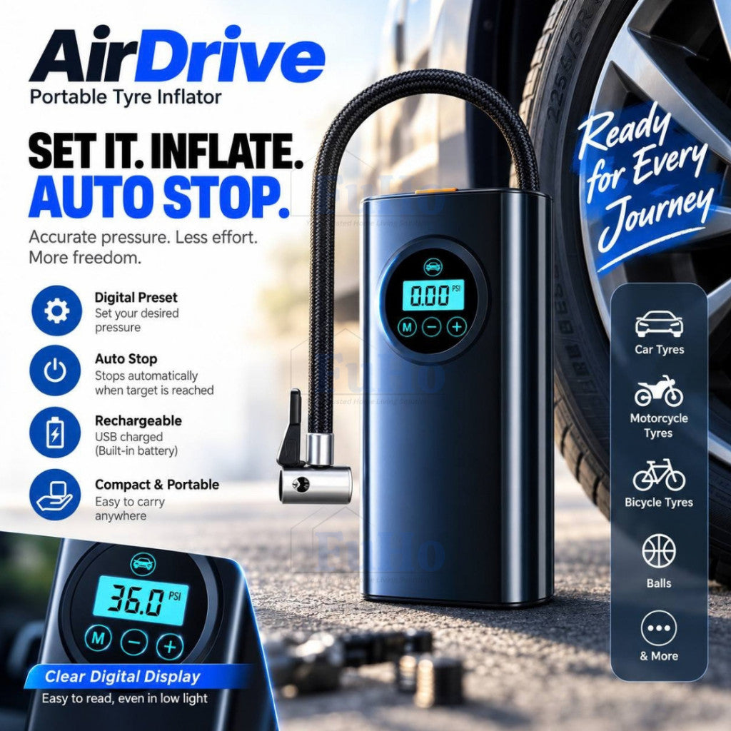 Fuho AirDrive Portable Tyre Pump for Car, Bicycle & Balls