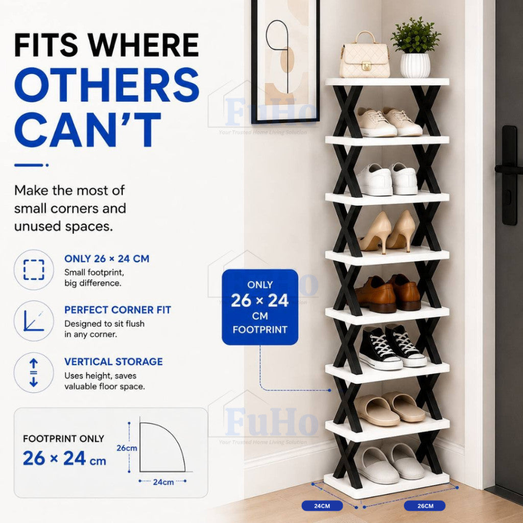 FuHo CornerStack Vertical Shoe Rack | 3/5/8 Tier Stackable Space Saving Shoe Organizer | Storage Rack | (HL0355)