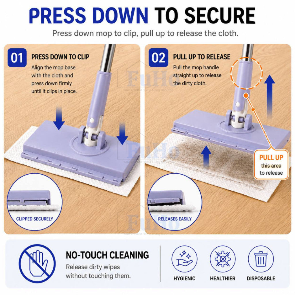 Fuho WipeClip Quick-Change Flat Mop, Slim 8cm Head (Wet & Dry)