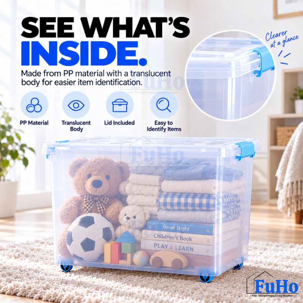 Fuho MistNest Large Plastic Storage Box with Lid & Wheels | Stackable Container | Toy Storage Organiser | HL0358