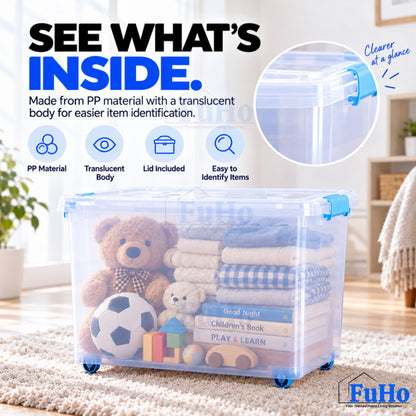 Fuho MistNest Large Plastic Storage Box with Lid & Wheels | Stackable Container | Toy Storage Organiser | HL0358