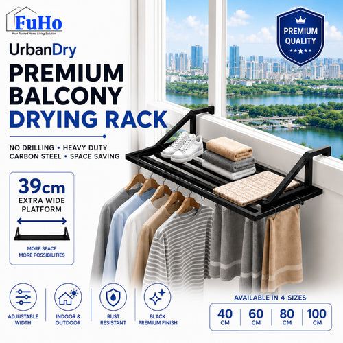 Fuho Premium Wall-Mounted Balcony Drying Rack, Foldable (40cm to 100cm)